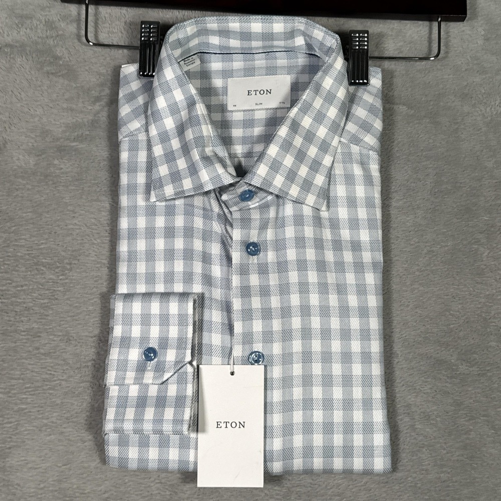 Eton Shirt Mens 17.5 44 Blue Gingham Check Slim Fit Dress Long Sleeve Woven